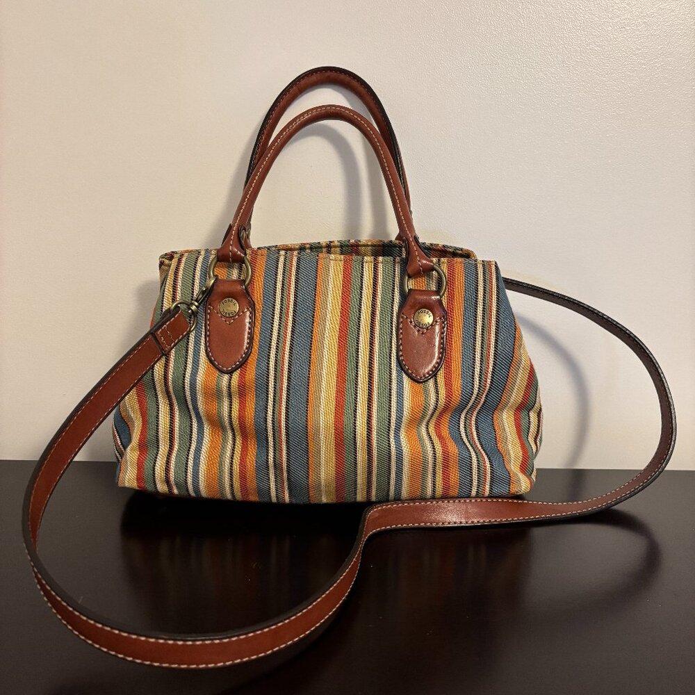 Fossil Multicolor Striped Canvas Fabric Brown Lea… - image 1